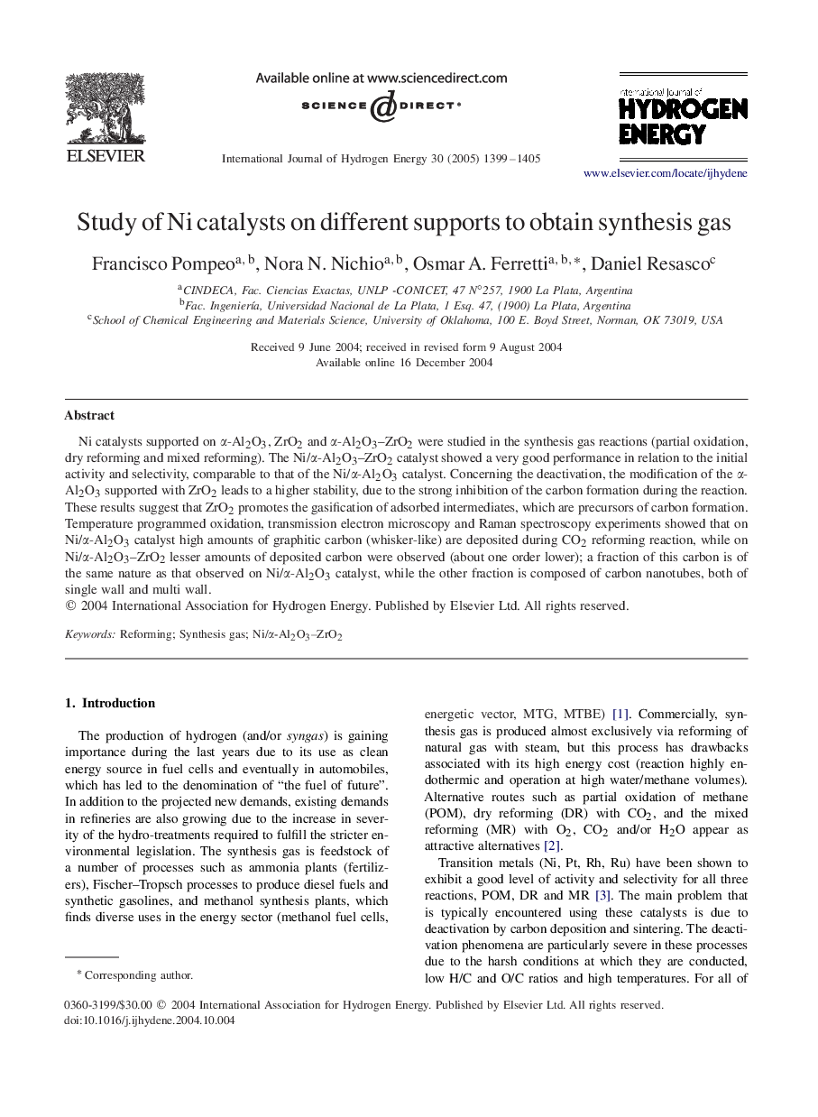 Study of Ni catalysts on different supports to obtain synthesis gas