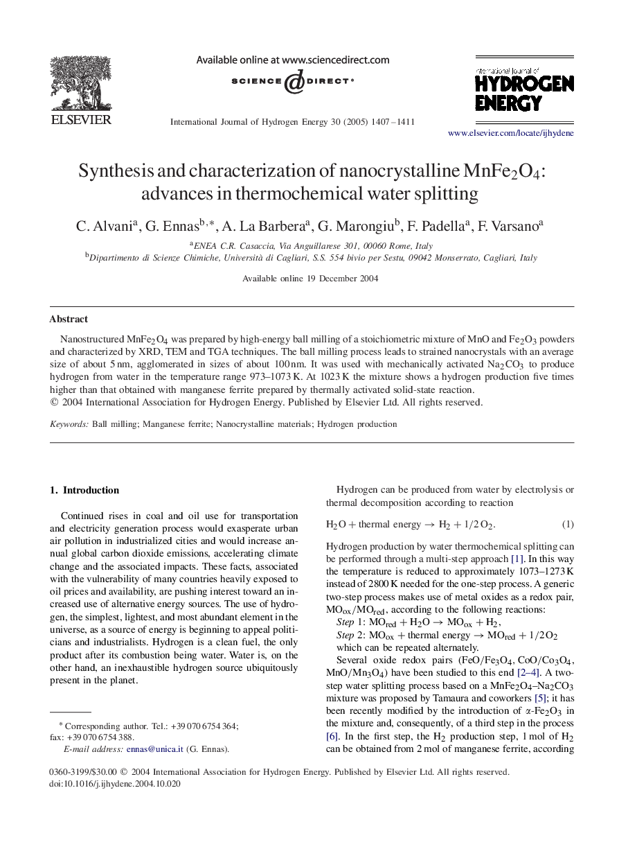 Synthesis and characterization of nanocrystalline MnFe2O4: advances in thermochemical water splitting