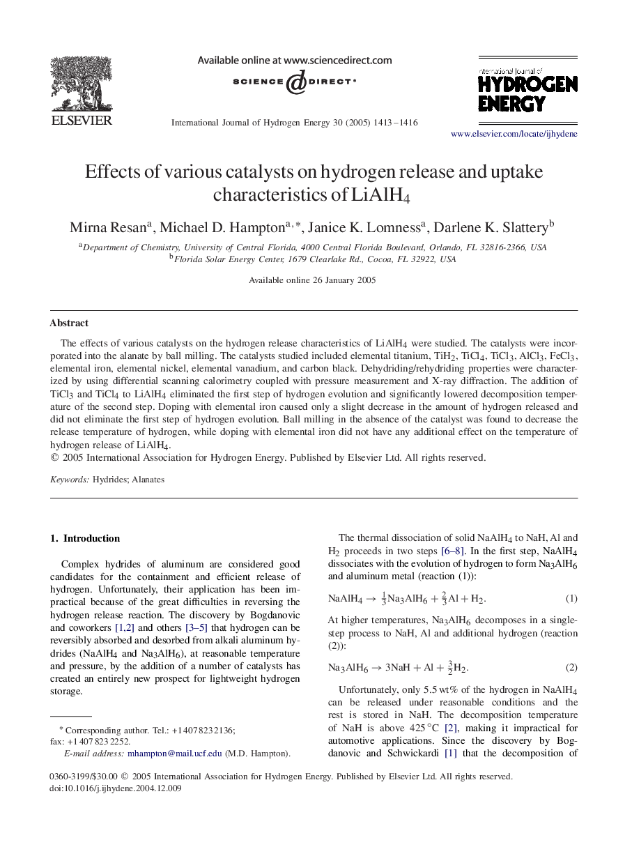 Effects of various catalysts on hydrogen release and uptake characteristics of LiAlH4