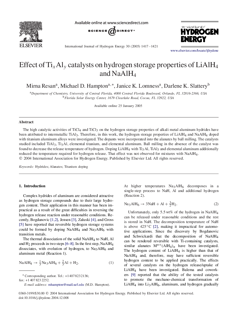 Effect of TixAly catalysts on hydrogen storage properties of LiAlH4 and NaAlH4