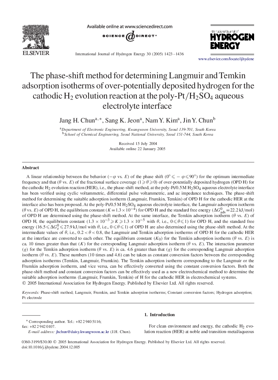 The phase-shift method for determining Langmuir and Temkin adsorption isotherms of over-potentially deposited hydrogen for the cathodic H2 evolution reaction at the poly-Pt/H2SO4 aqueous electrolyte interface