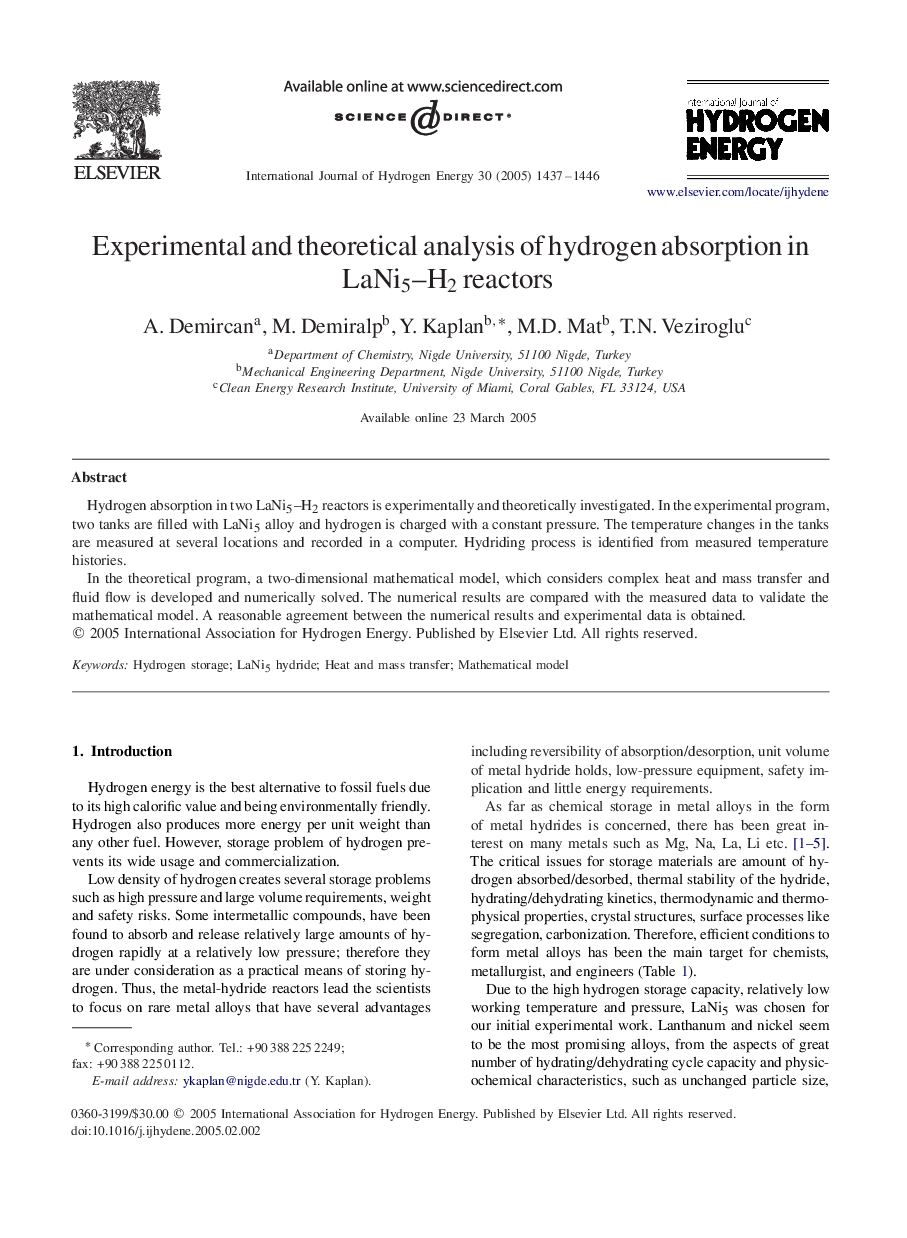 Experimental and theoretical analysis of hydrogen absorption in LaNi5-H2 reactors