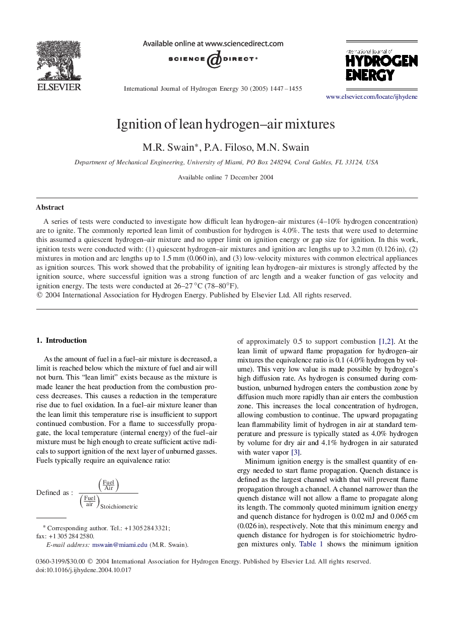 Ignition of lean hydrogen-air mixtures