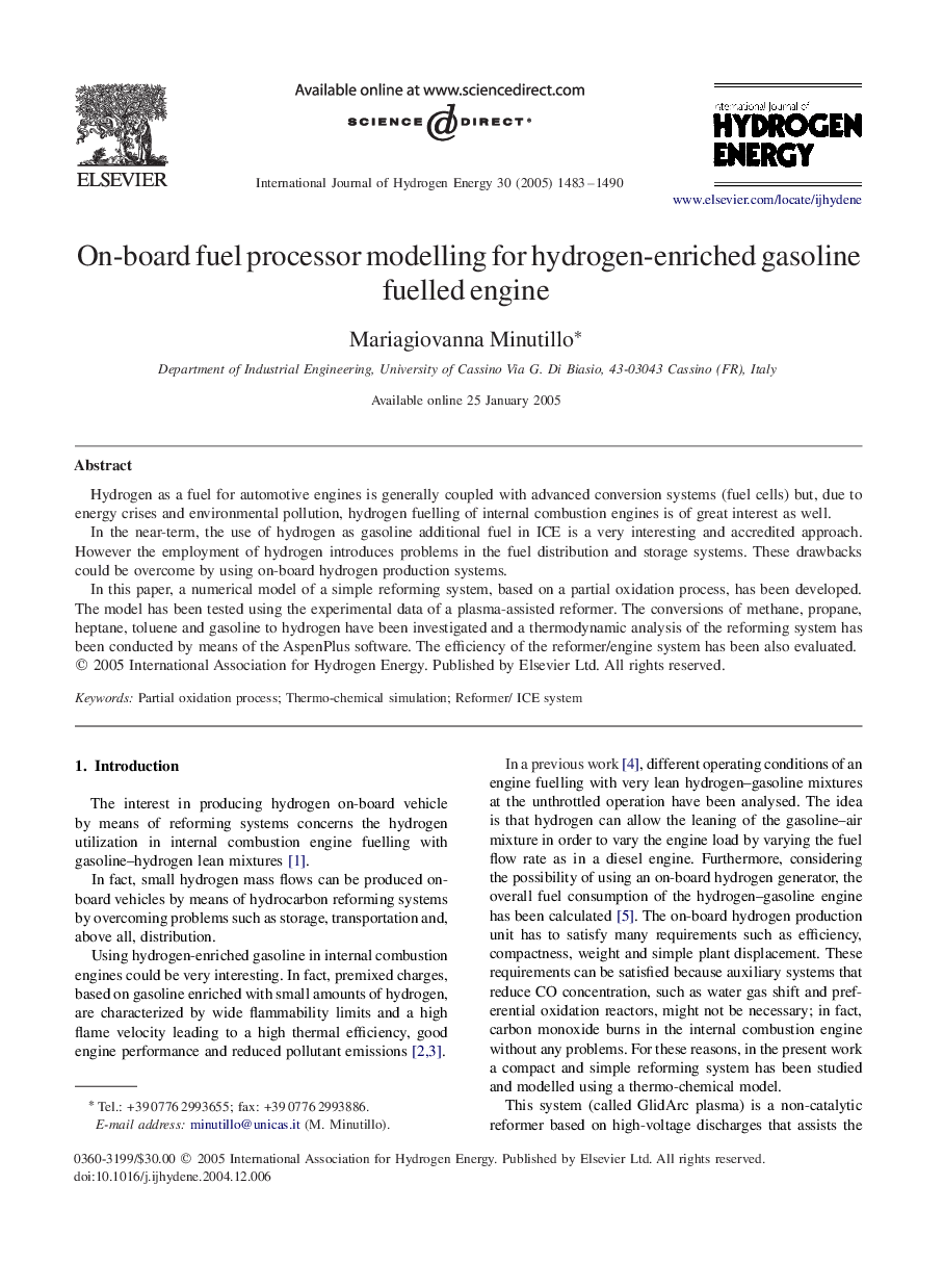 On-board fuel processor modelling for hydrogen-enriched gasoline fuelled engine