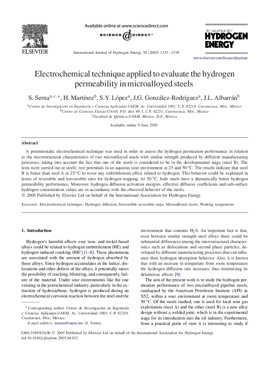 Electrochemical technique applied to evaluate the hydrogen permeability in microalloyed steels