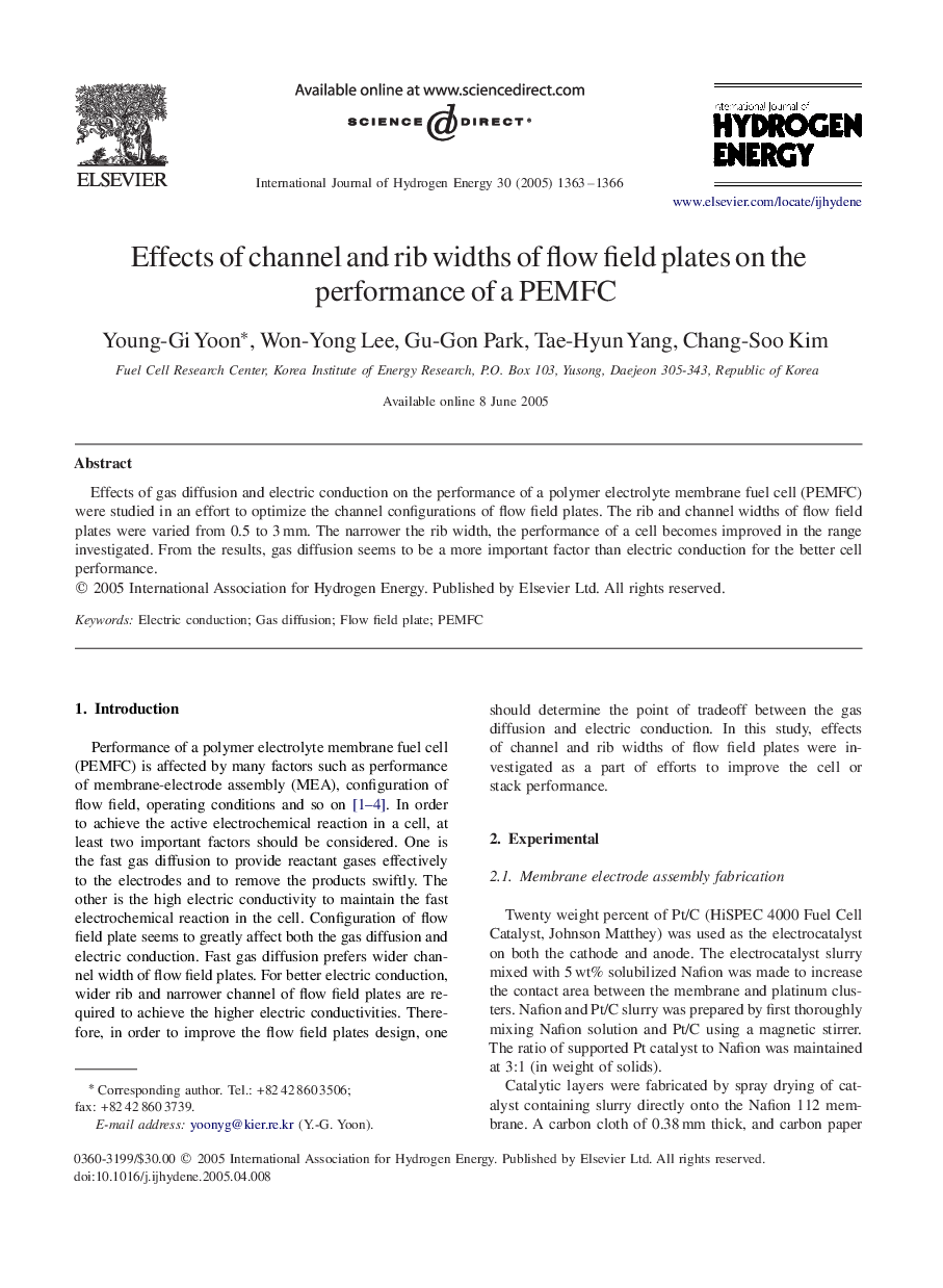 Effects of channel and rib widths of flow field plates on the performance of a PEMFC