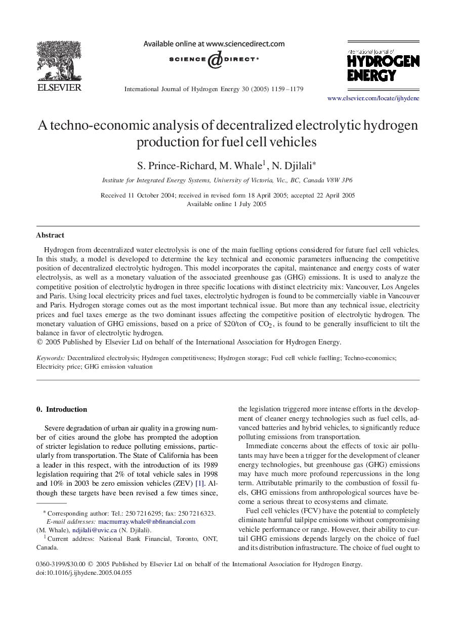 A techno-economic analysis of decentralized electrolytic hydrogen production for fuel cell vehicles