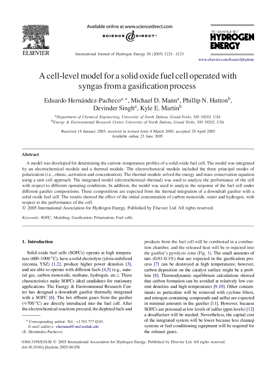 A cell-level model for a solid oxide fuel cell operated with syngas from a gasification process