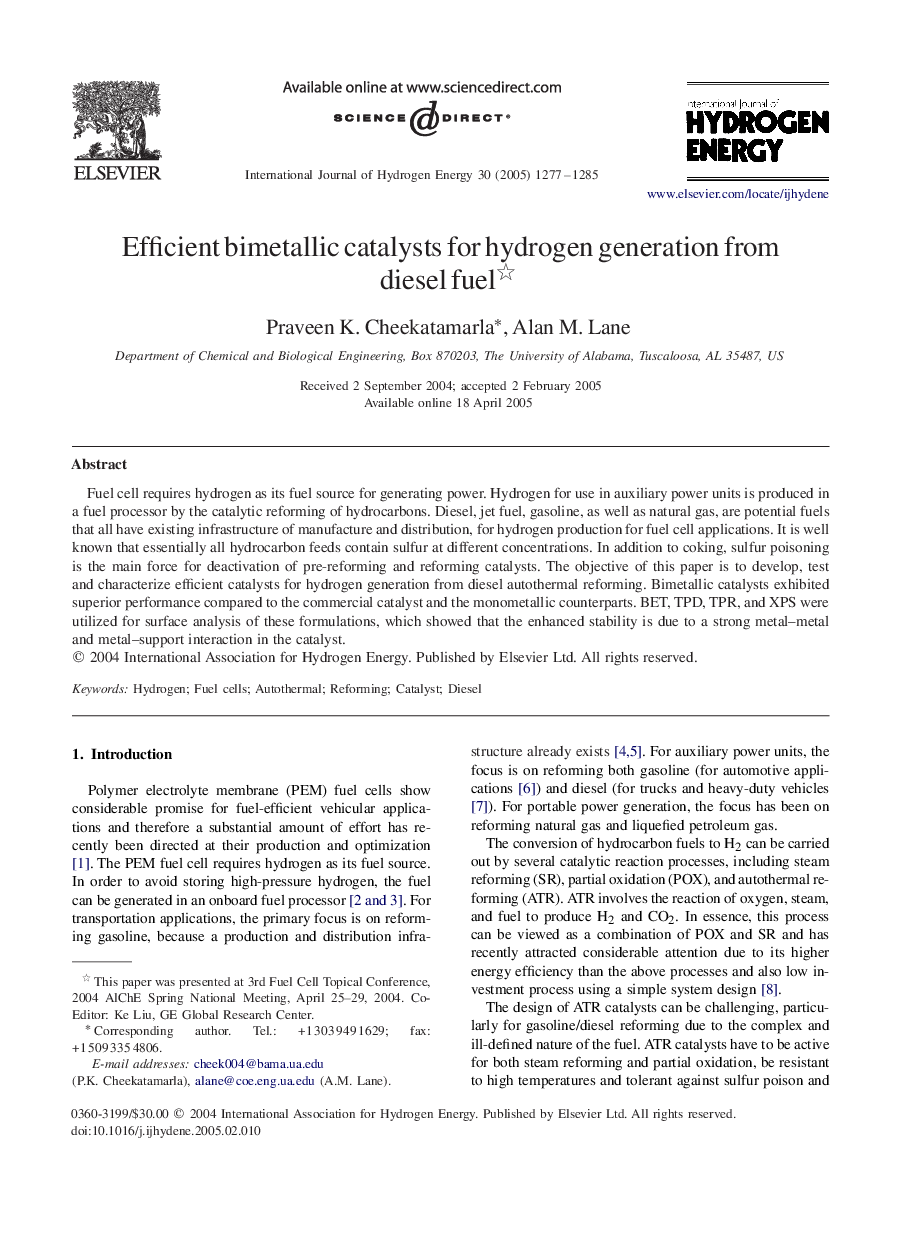 Efficient bimetallic catalysts for hydrogen generation from diesel fuel