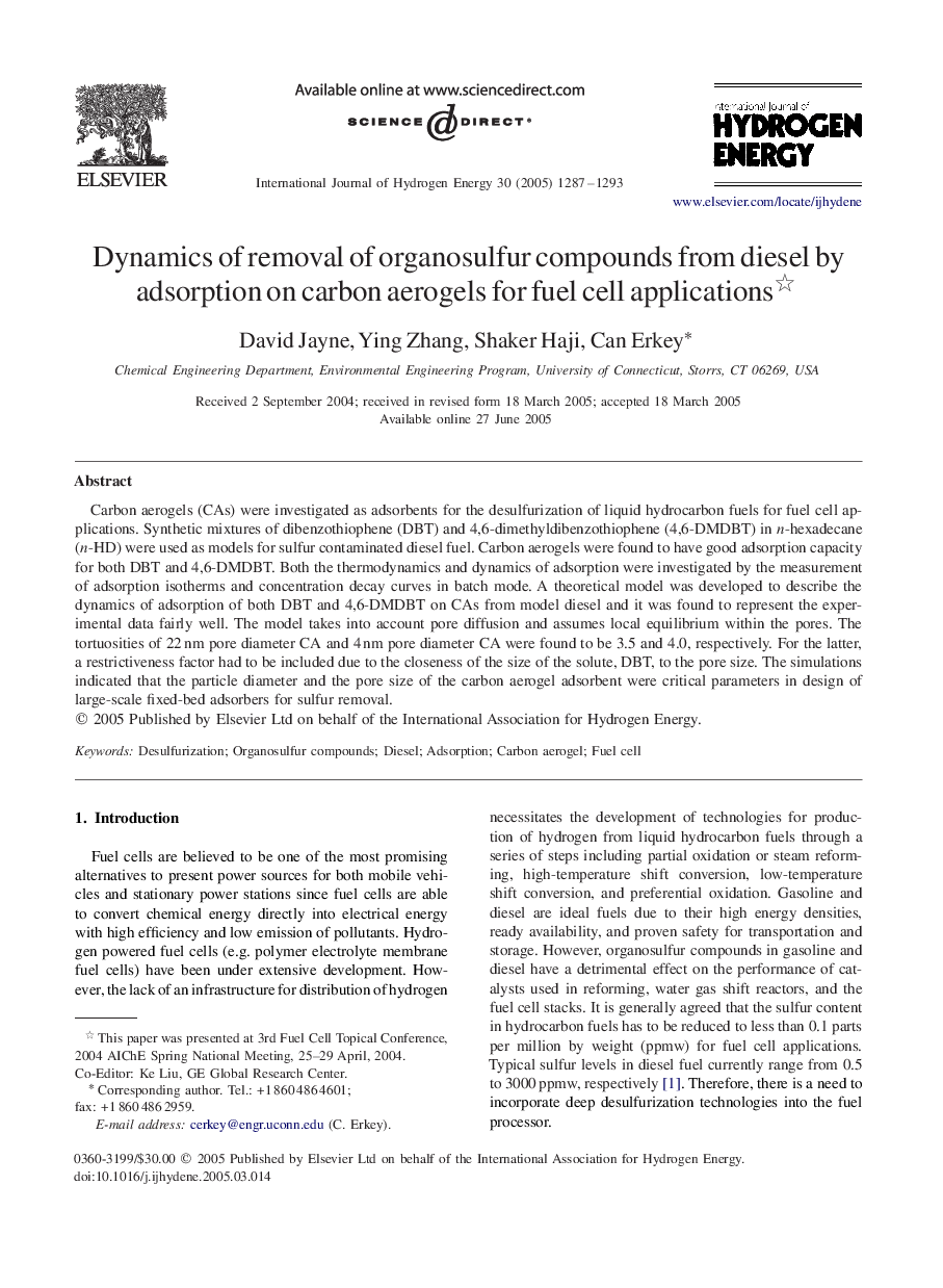 Dynamics of removal of organosulfur compounds from diesel by adsorption on carbon aerogels for fuel cell applications