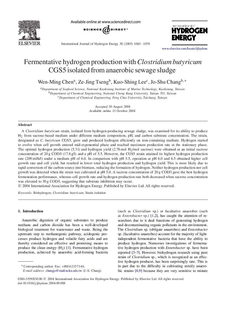 Fermentative hydrogen production with Clostridium butyricum CGS5 isolated from anaerobic sewage sludge