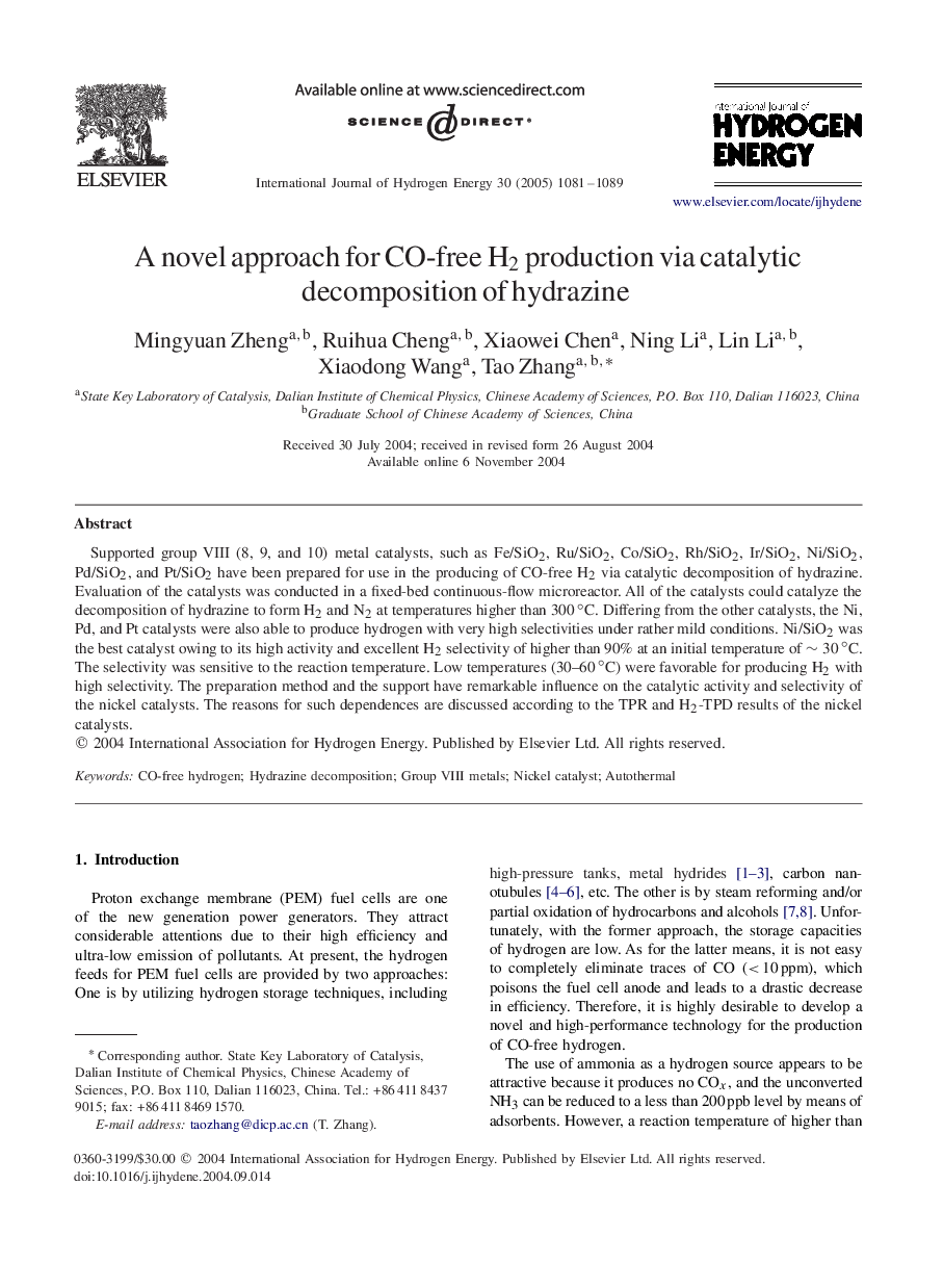 A novel approach for CO-free H2 production via catalytic decomposition of hydrazine