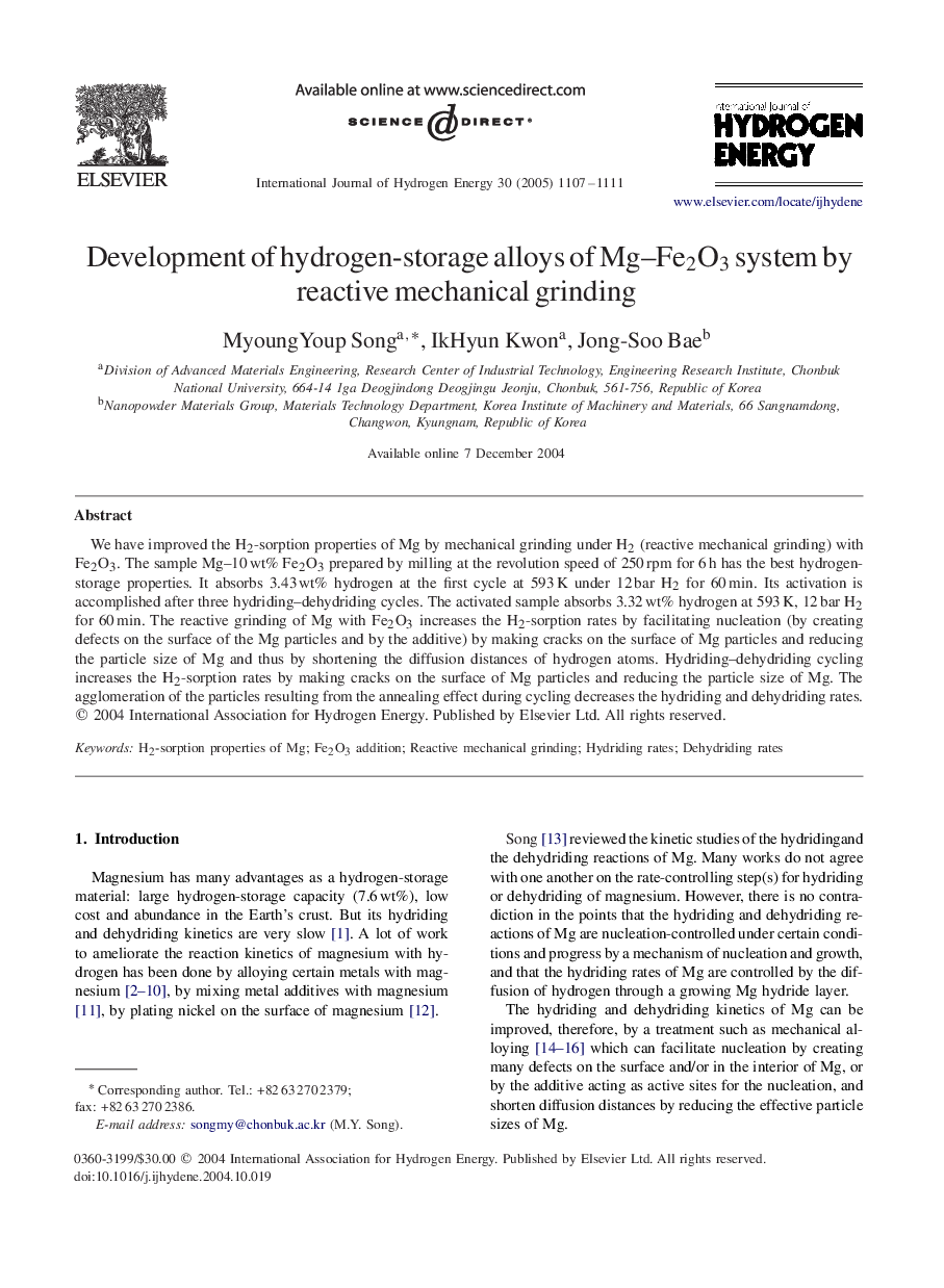 Development of hydrogen-storage alloys of Mg-Fe2O3 system by reactive mechanical grinding