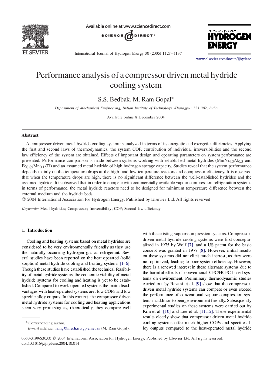 Performance analysis of a compressor driven metal hydride cooling system