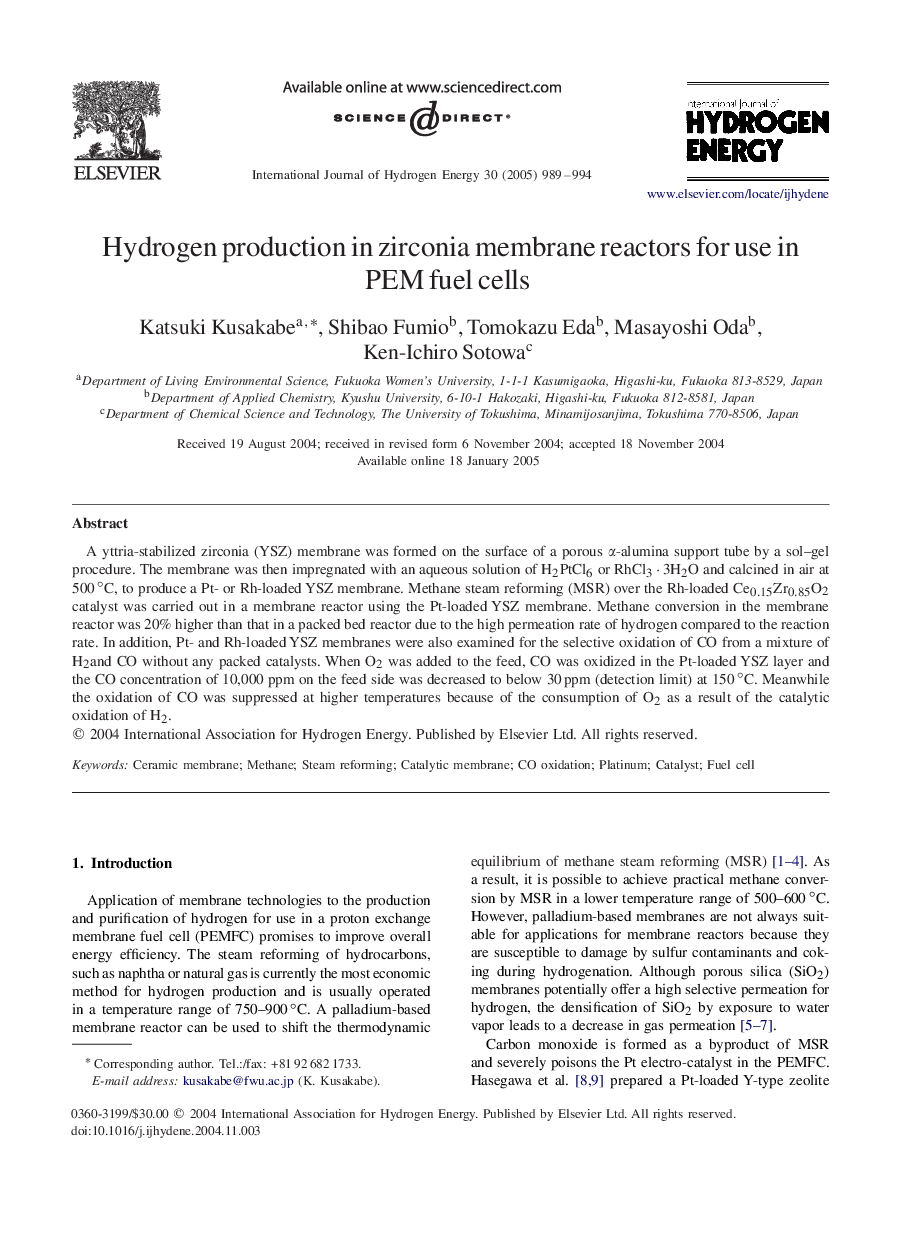 Hydrogen production in zirconia membrane reactors for use in PEM fuel cells