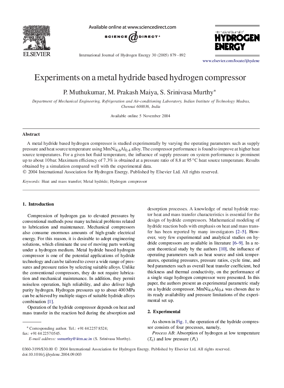 Experiments on a metal hydride based hydrogen compressor