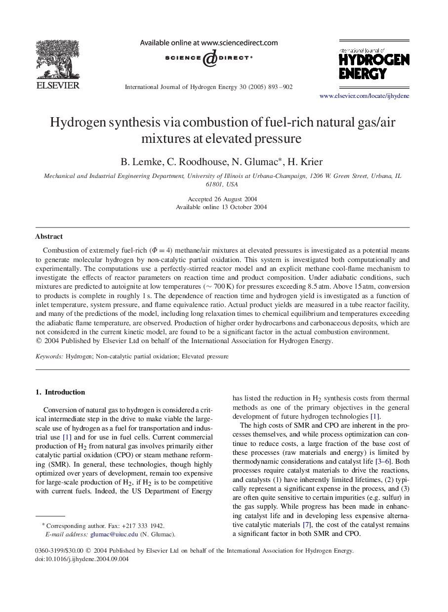 Hydrogen synthesis via combustion of fuel-rich natural gas/air mixtures at elevated pressure