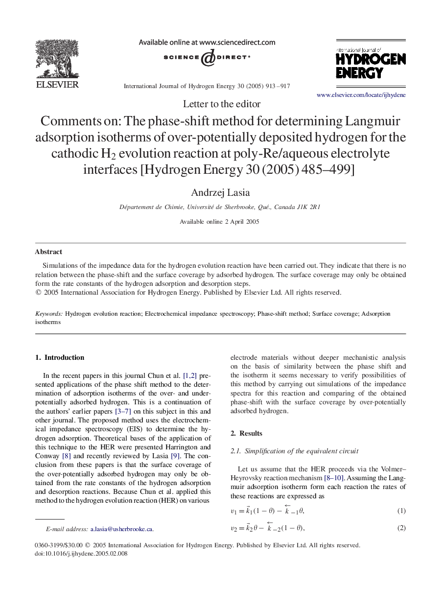 Comments on “The phase-shift method for determining Langmuir adsorption isotherms of over-potentially deposited hydrogen for the cathodic H2 evolution reaction at poly-Re/aqueous electrolyte interfaces” [Hydrogen Energy 30 (2005) 485-499]