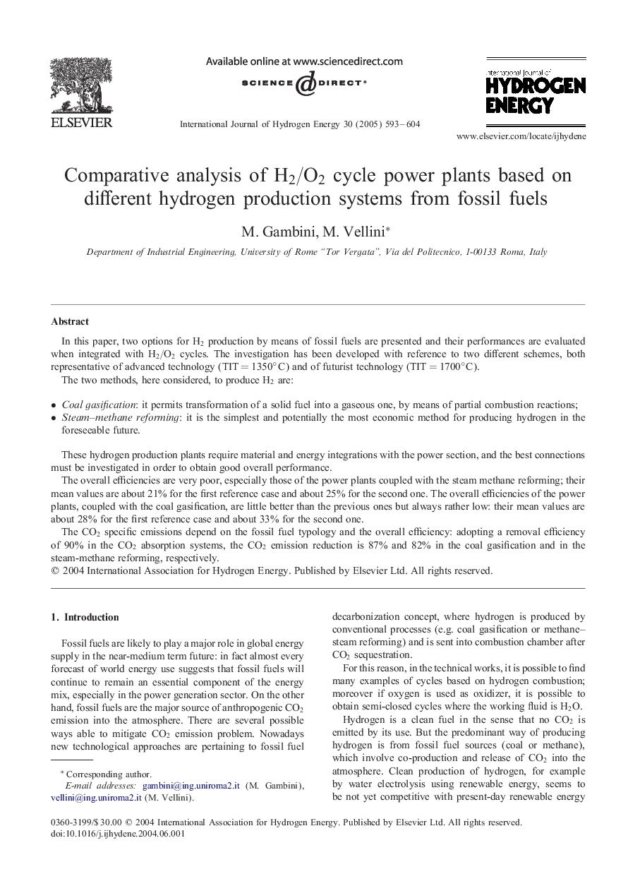 Comparative analysis of H2/O2 cycle power plants based on different hydrogen production systems from fossil fuels