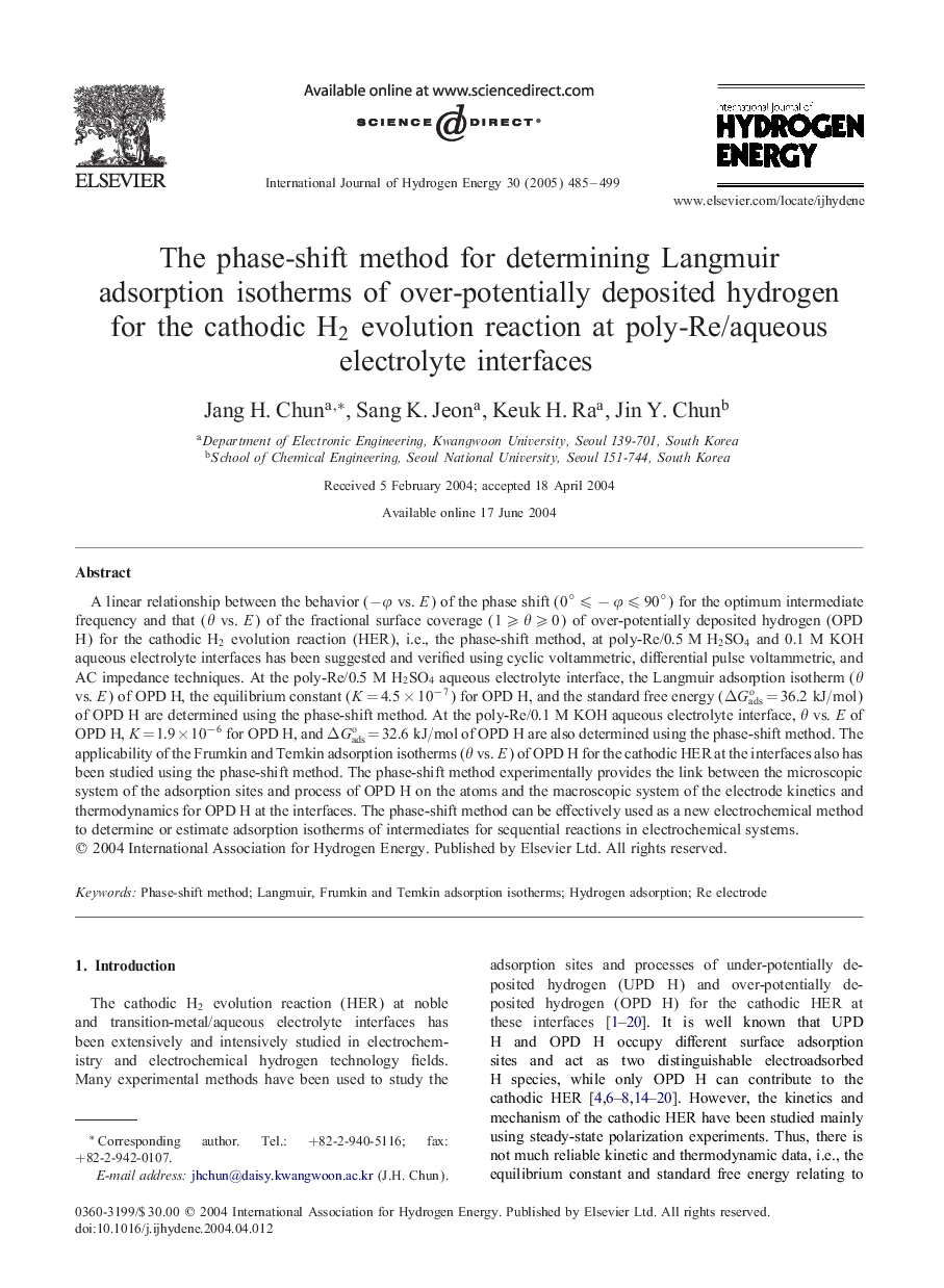 The phase-shift method for determining Langmuir adsorption isotherms of over-potentially deposited hydrogen for the cathodic H2 evolution reaction at poly-Re/aqueous electrolyte interfaces