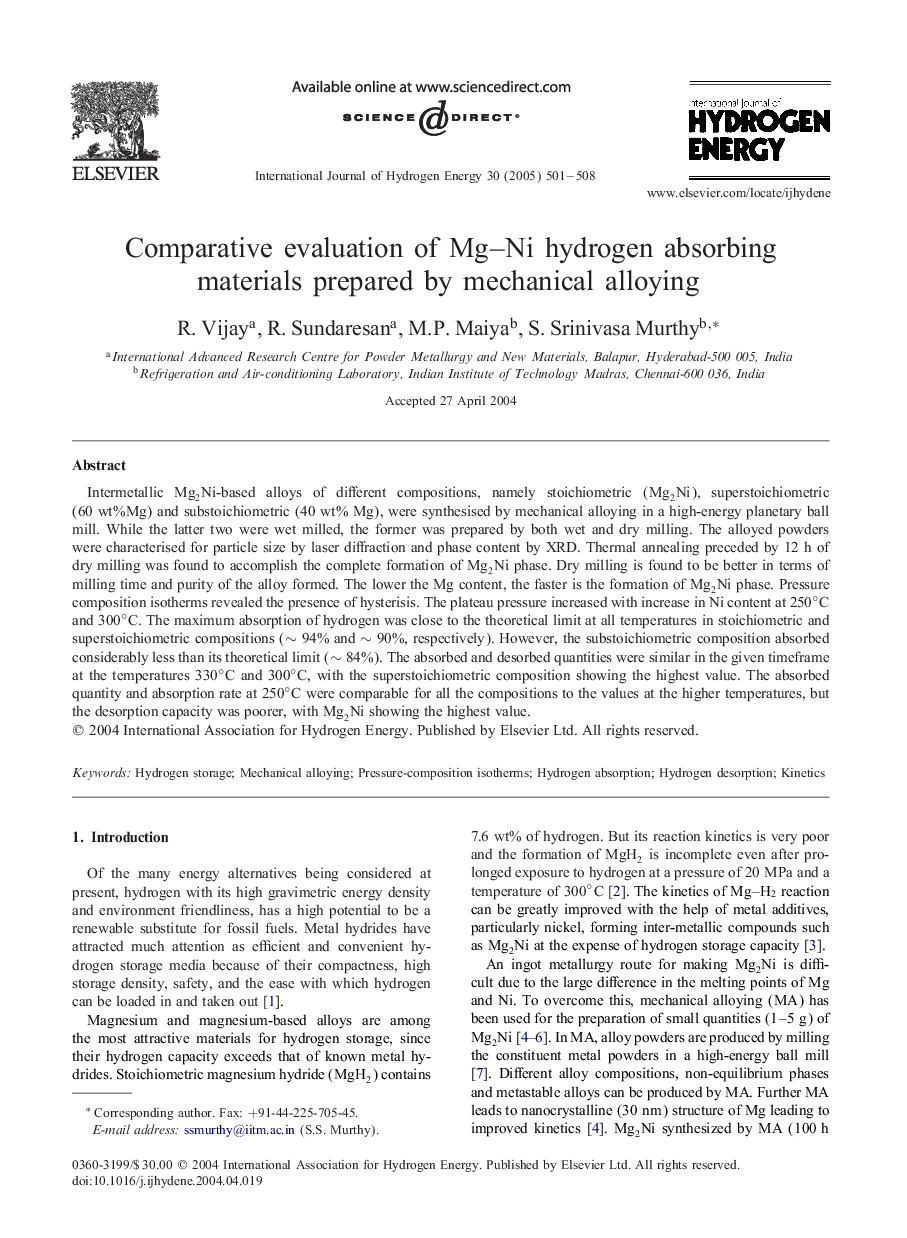 Comparative evaluation of Mg-Ni hydrogen absorbing materials prepared by mechanical alloying