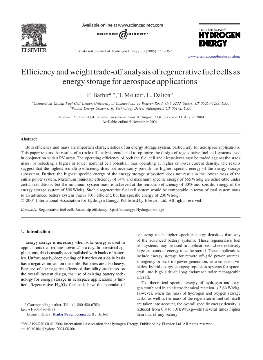 Efficiency and weight trade-off analysis of regenerative fuel cells as energy storage for aerospace applications