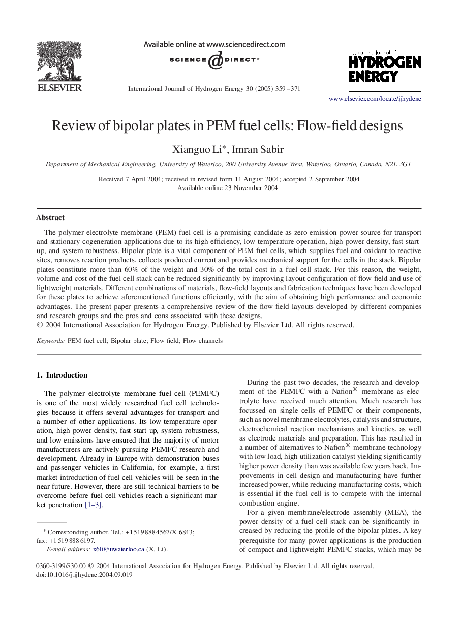 Review of bipolar plates in PEM fuel cells: Flow-field designs