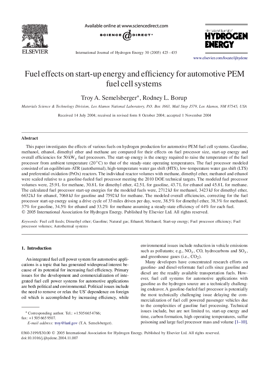 Fuel effects on start-up energy and efficiency for automotive PEM fuel cell systems