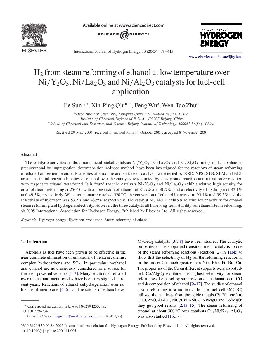 H2 from steam reforming of ethanol at low temperature over Ni/Y2O3, Ni/La2O3 and Ni/Al2O3 catalysts for fuel-cell application