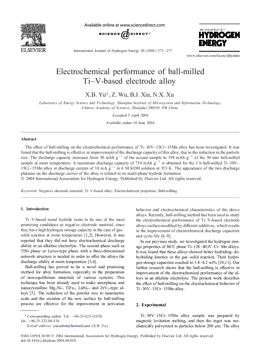 Electrochemical performance of ball-milled Ti-V-based electrode alloy