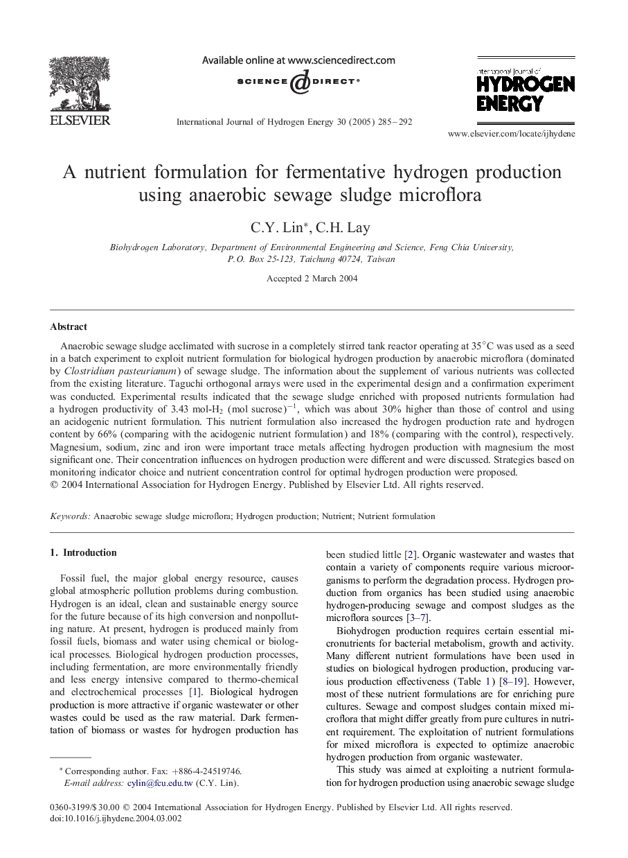 A nutrient formulation for fermentative hydrogen production using anaerobic sewage sludge microflora