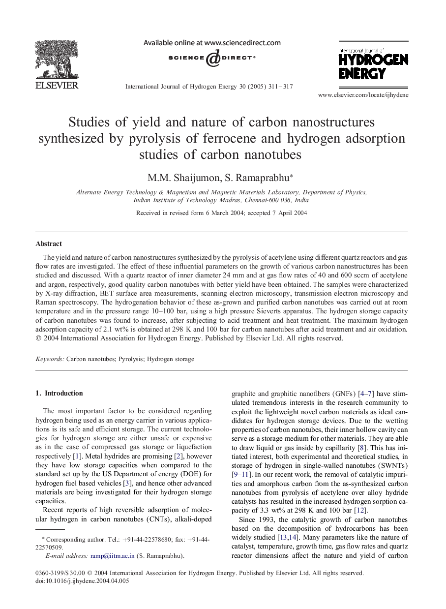 Studies of yield and nature of carbon nanostructures synthesized by pyrolysis of ferrocene and hydrogen adsorption studies of carbon nanotubes