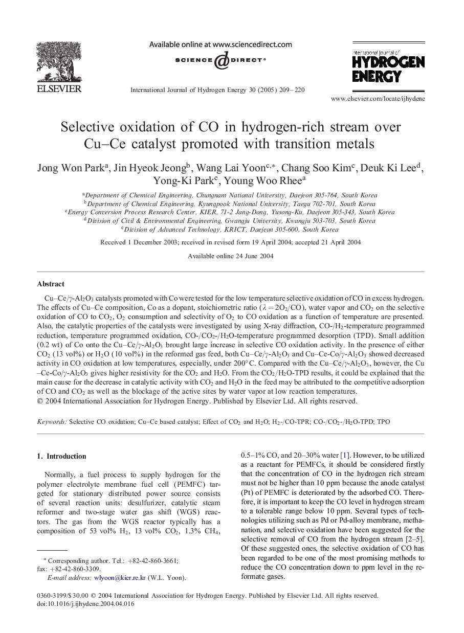 Selective oxidation of CO in hydrogen-rich stream over Cu-Ce catalyst promoted with transition metals