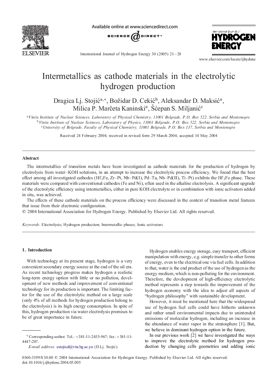 Intermetallics as cathode materials in the electrolytic hydrogen production