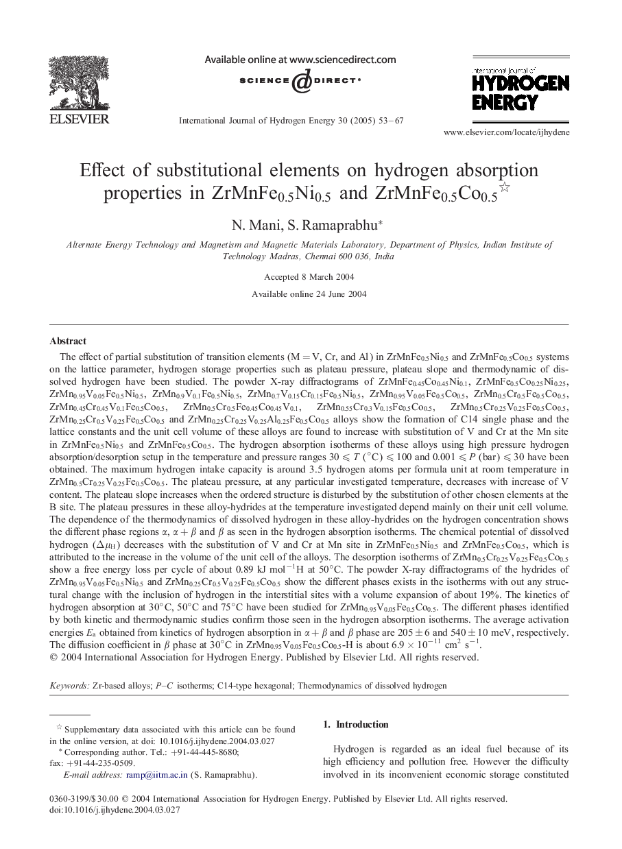 Effect of substitutional elements on hydrogen absorption properties in ZrMnFe0.5Ni0.5 and ZrMnFe0.5Co0.5