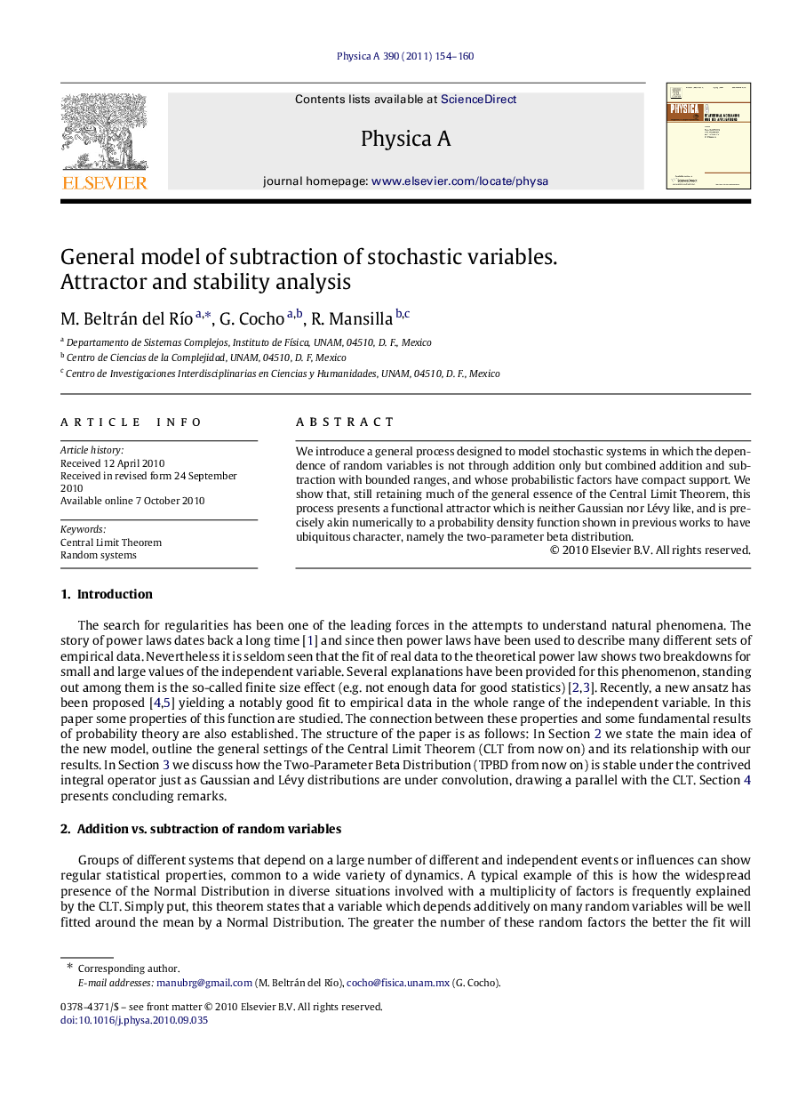 General model of subtraction of stochastic variables. Attractor and stability analysis