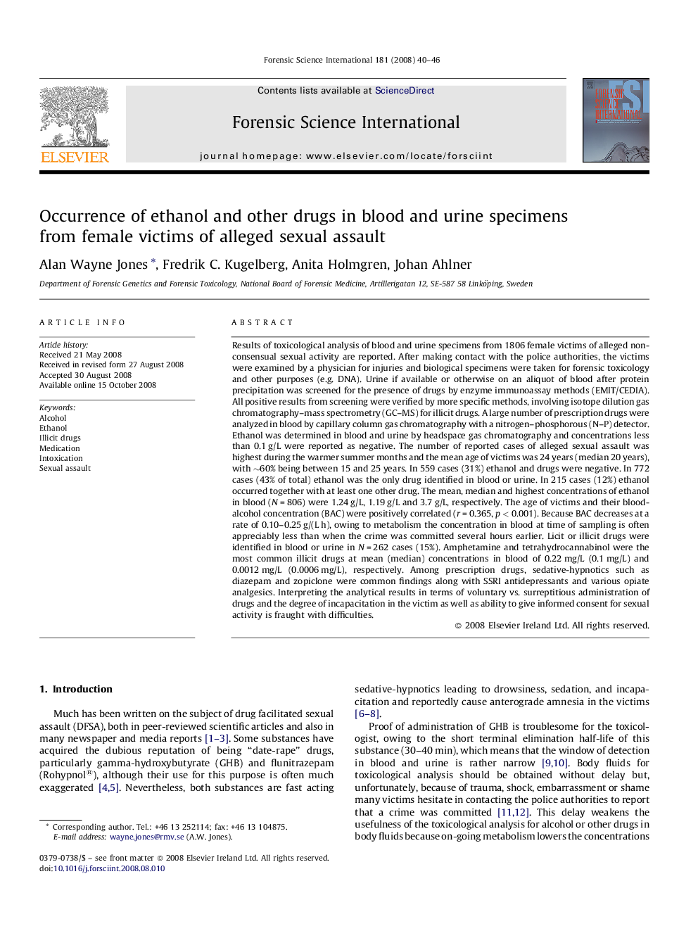 Occurrence of ethanol and other drugs in blood and urine specimens from female victims of alleged sexual assault