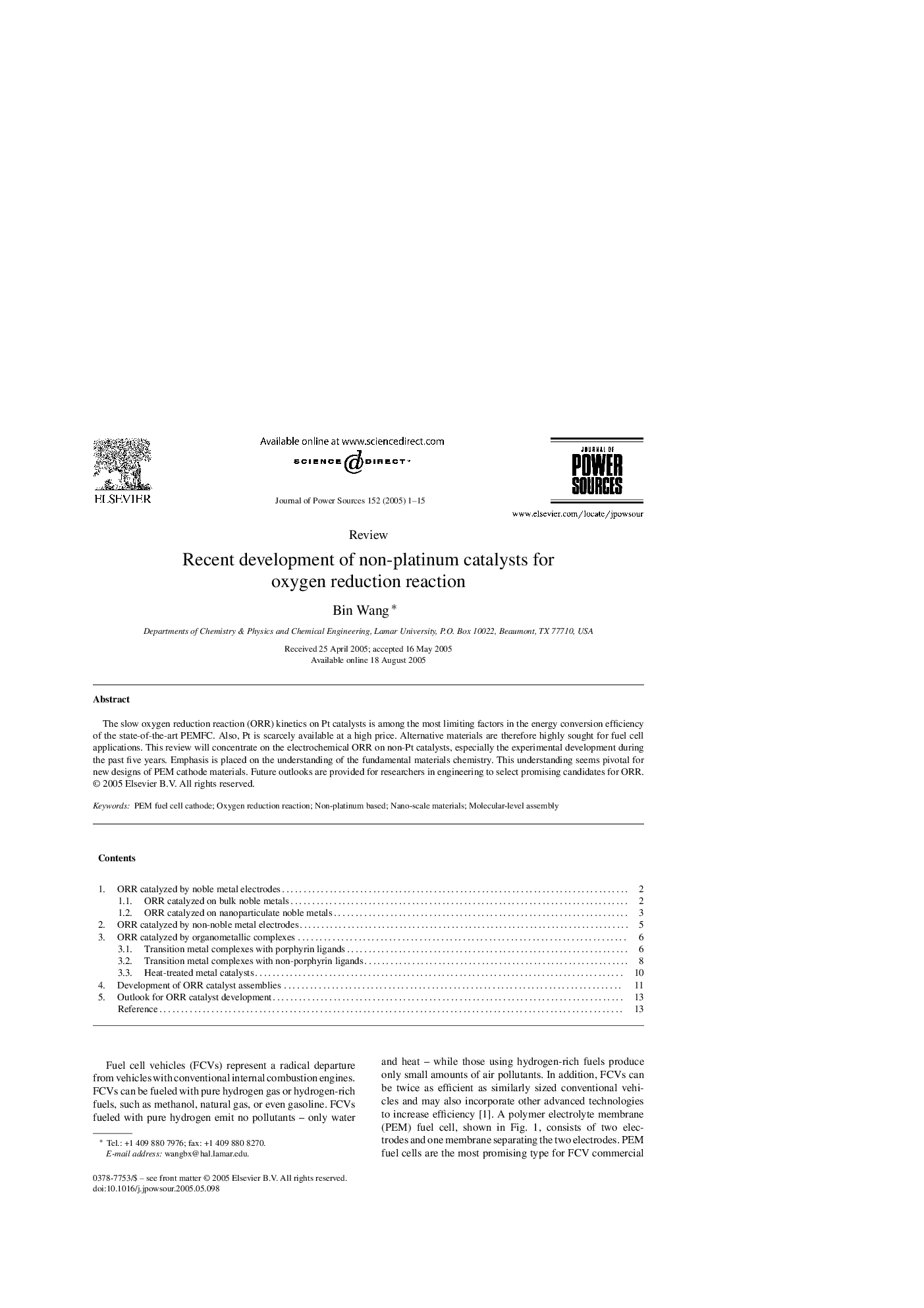 Recent development of non-platinum catalysts for oxygen reduction reaction