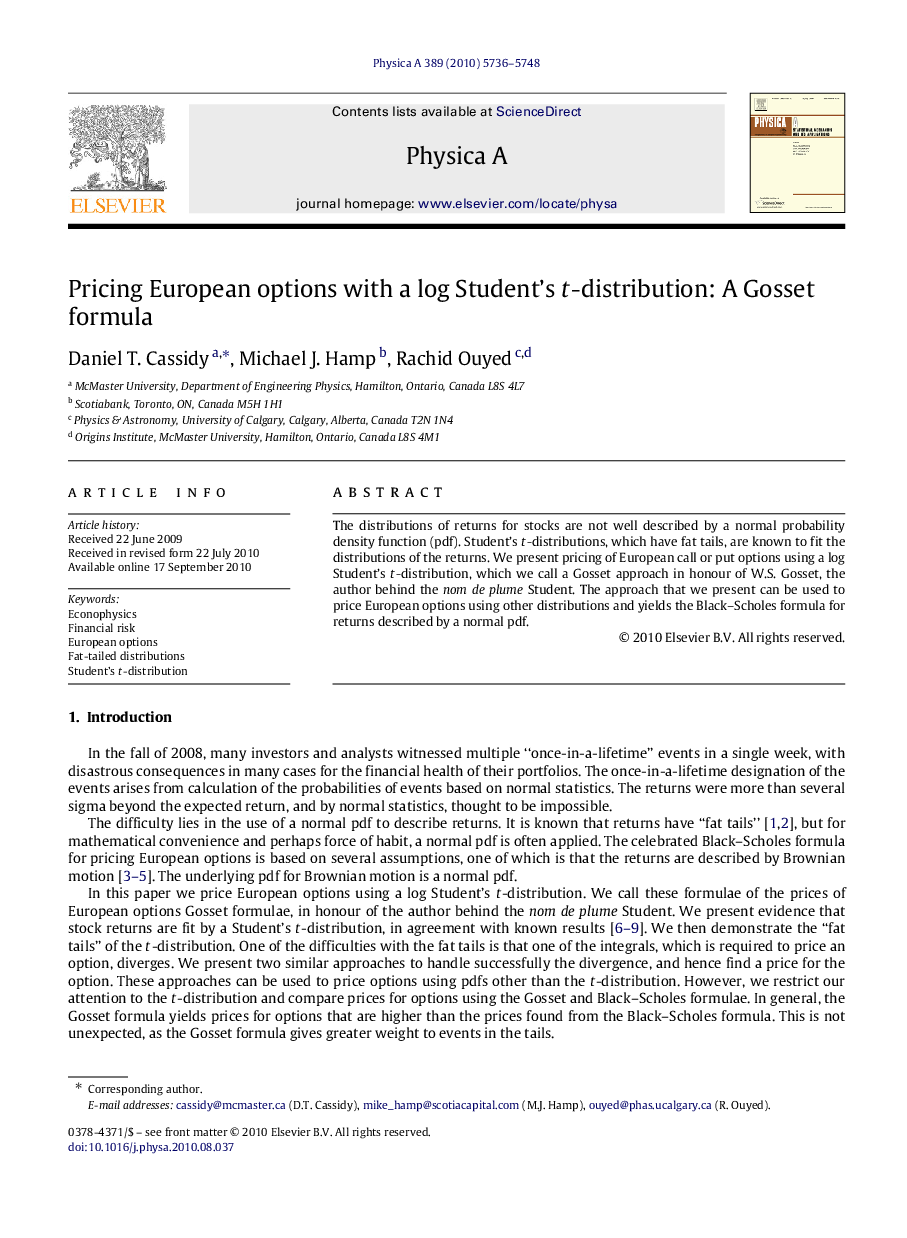 Pricing European options with a log Student’s t-distribution: A Gosset formula