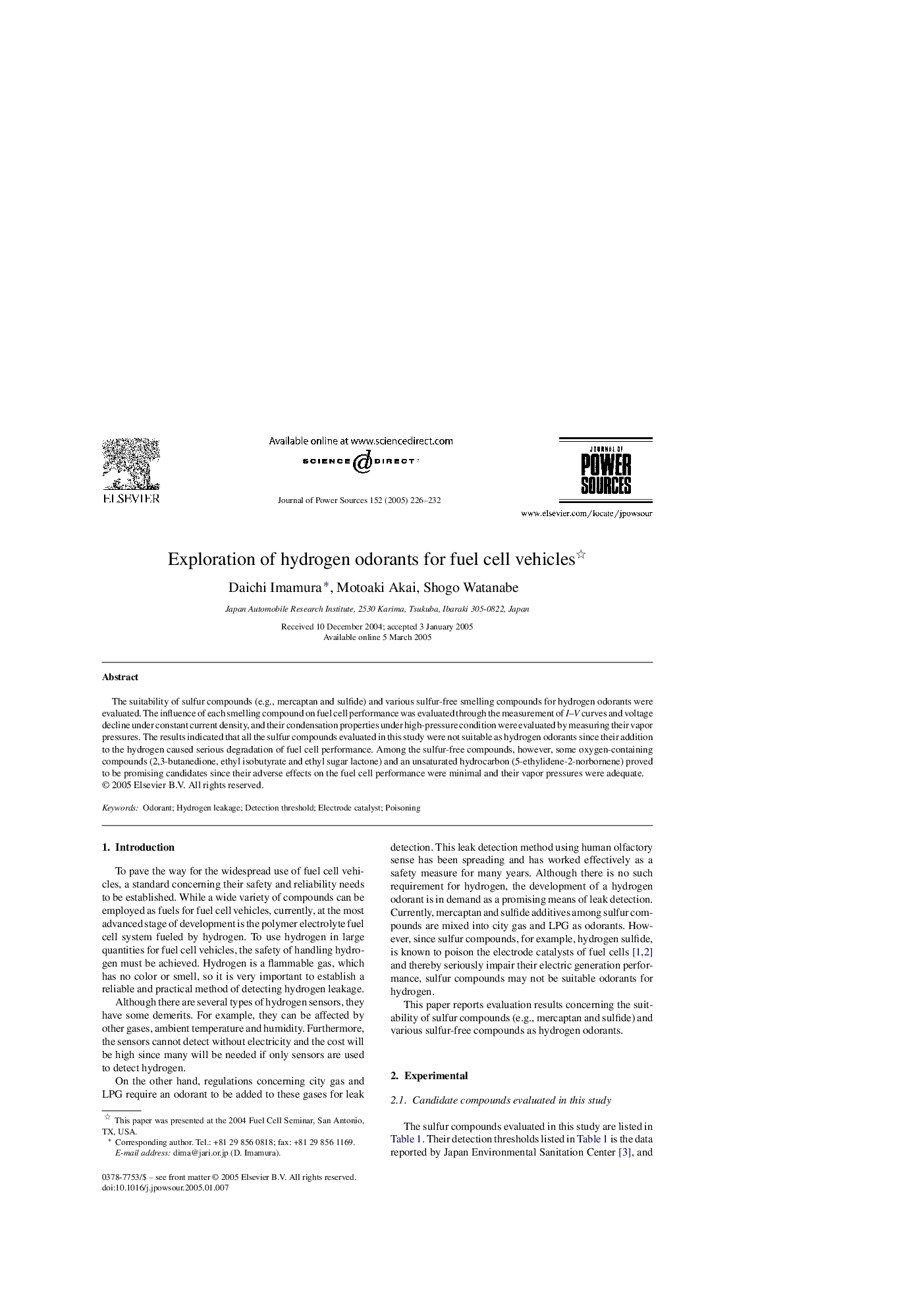 Exploration of hydrogen odorants for fuel cell vehicles