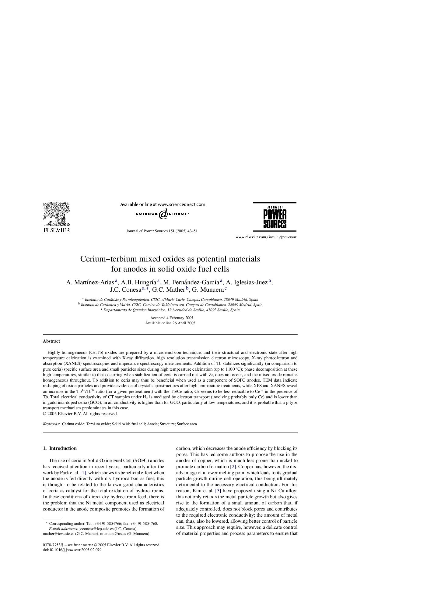 Cerium-terbium mixed oxides as potential materials for anodes in solid oxide fuel cells