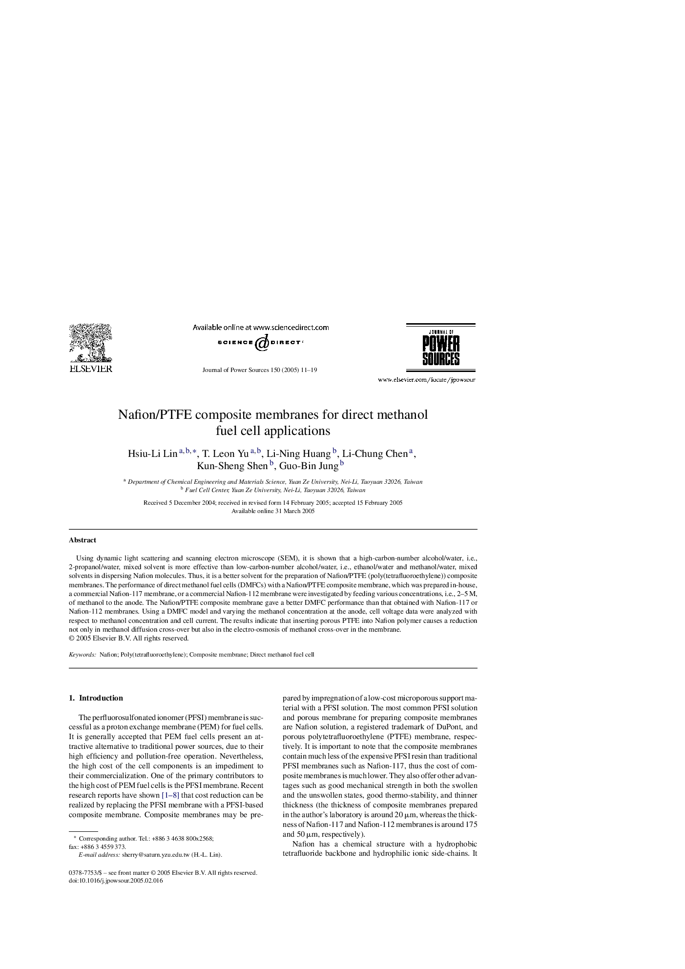 Nafion/PTFE composite membranes for direct methanol fuel cell applications