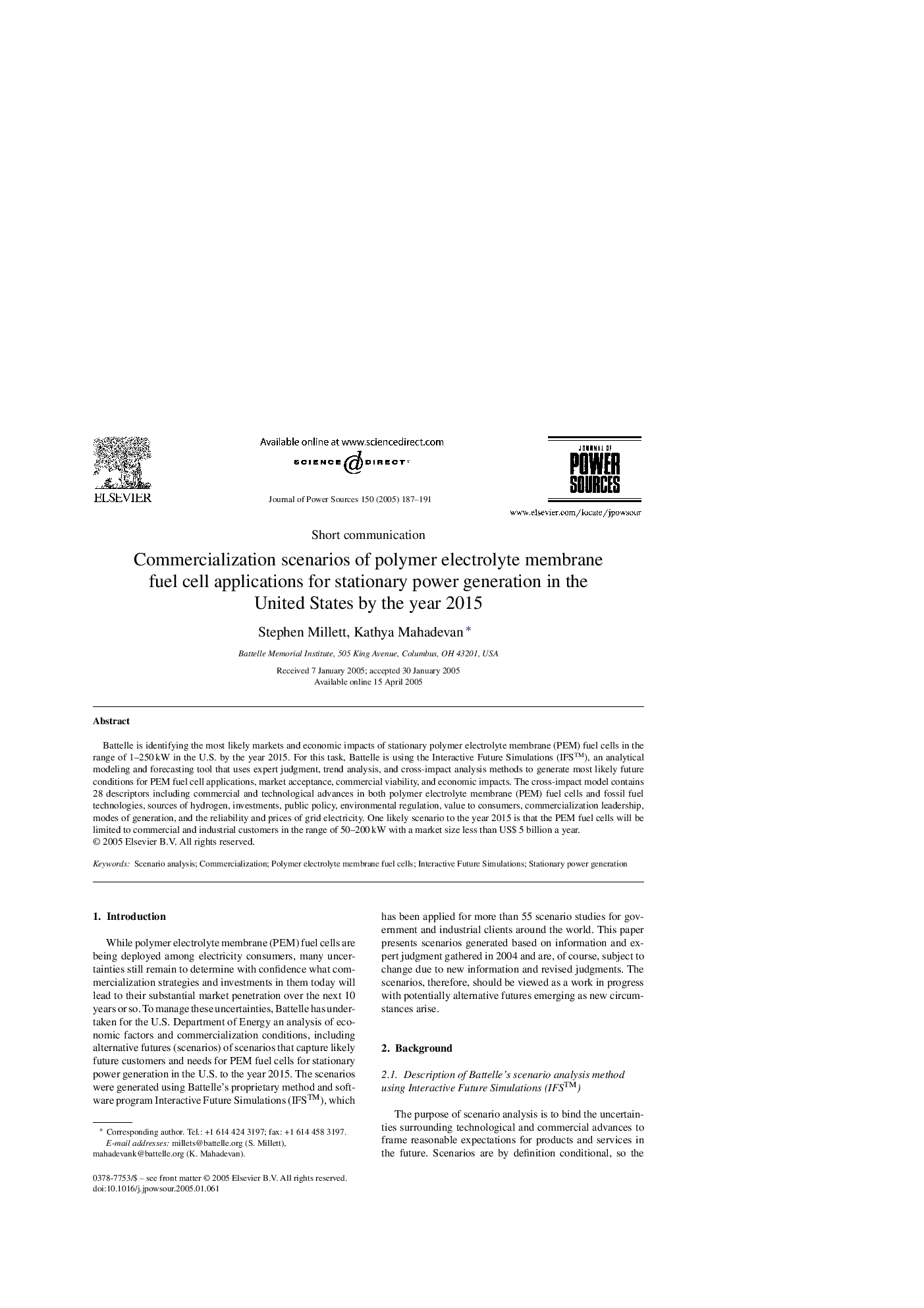 Commercialization scenarios of polymer electrolyte membrane fuel cell applications for stationary power generation in the United States by the year 2015