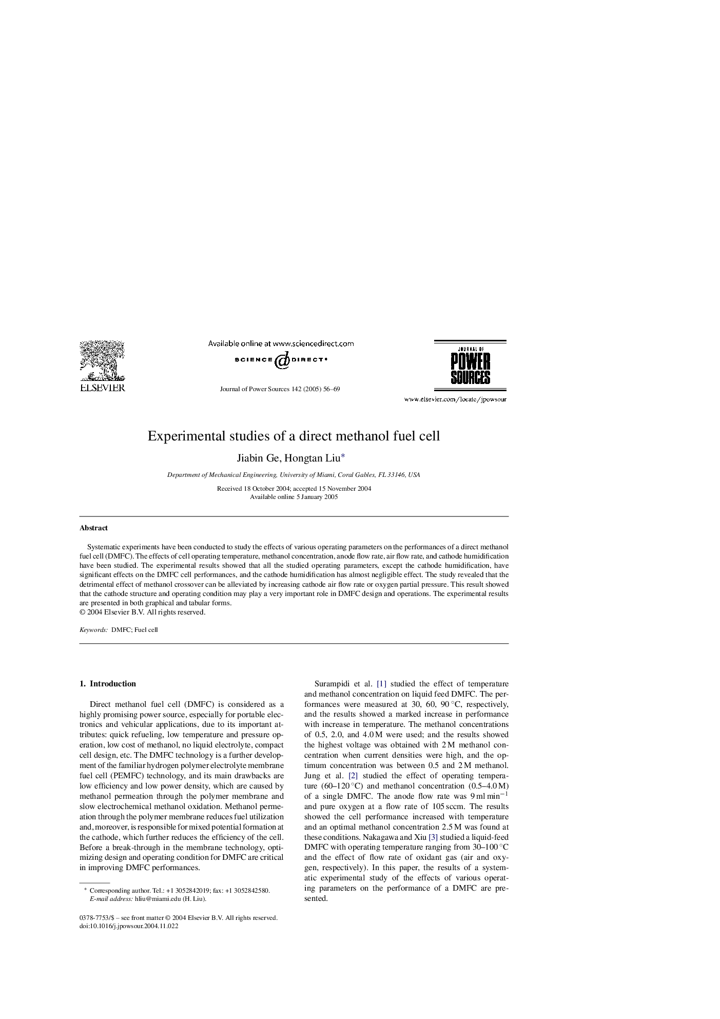 Experimental studies of a direct methanol fuel cell