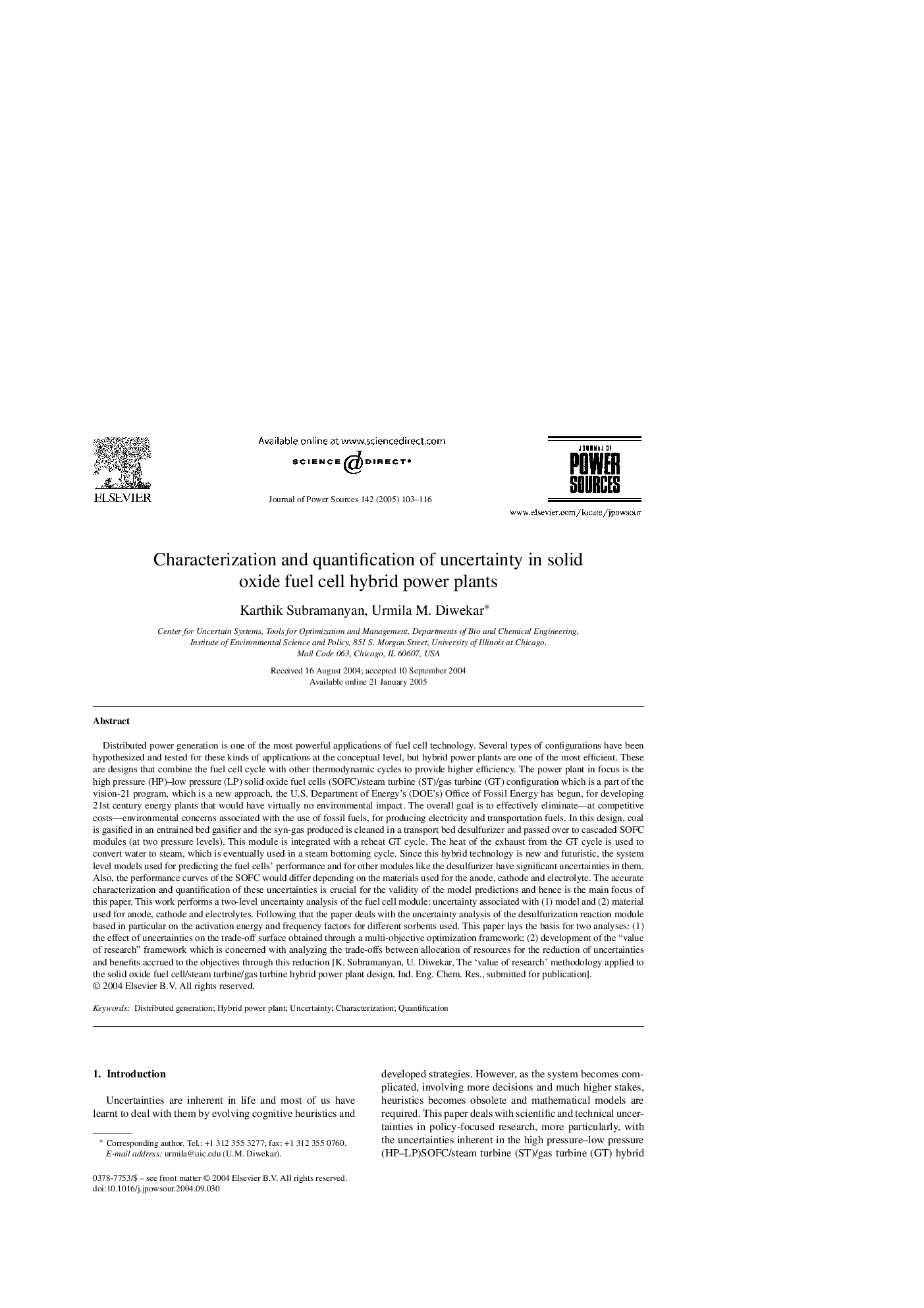 Characterization and quantification of uncertainty in solid oxide fuel cell hybrid power plants