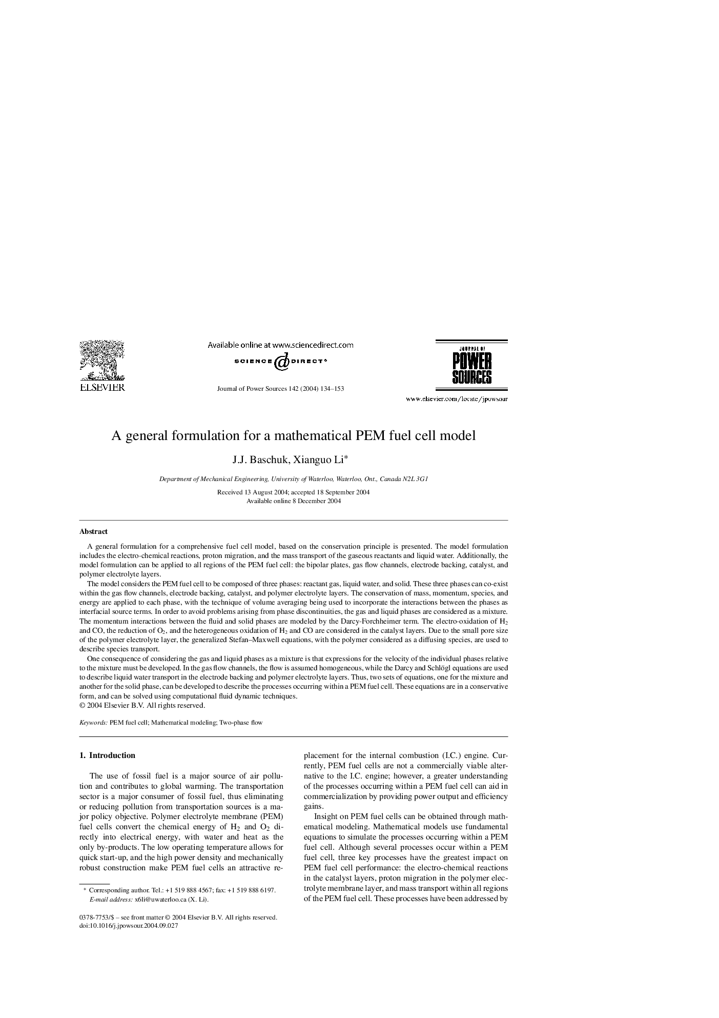 A general formulation for a mathematical PEM fuel cell model