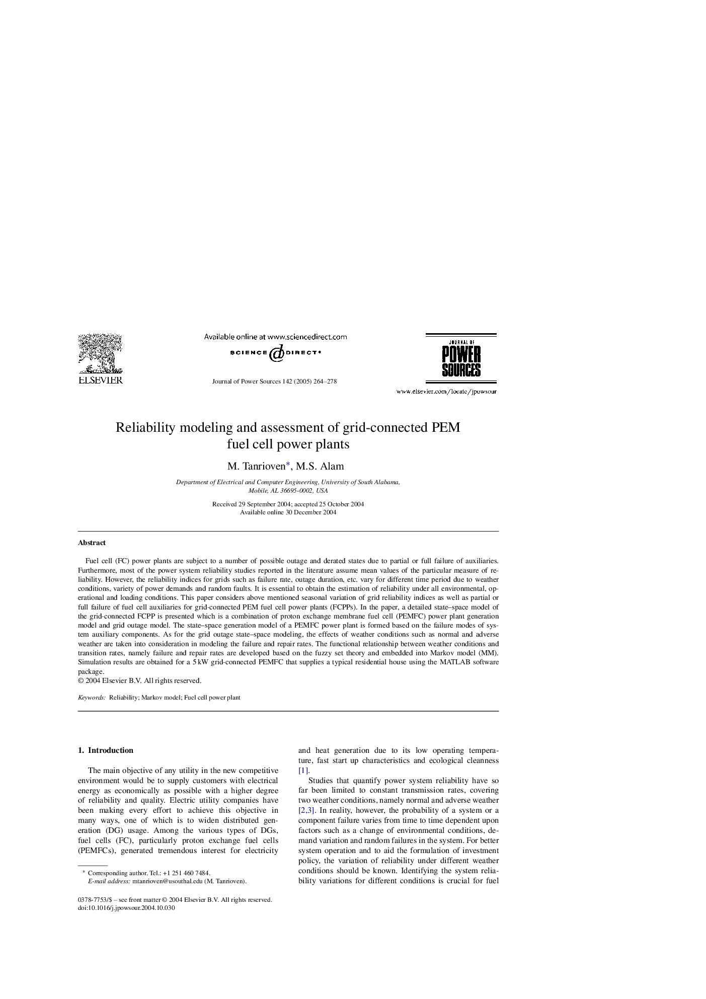 Reliability modeling and assessment of grid-connected PEM fuel cell power plants