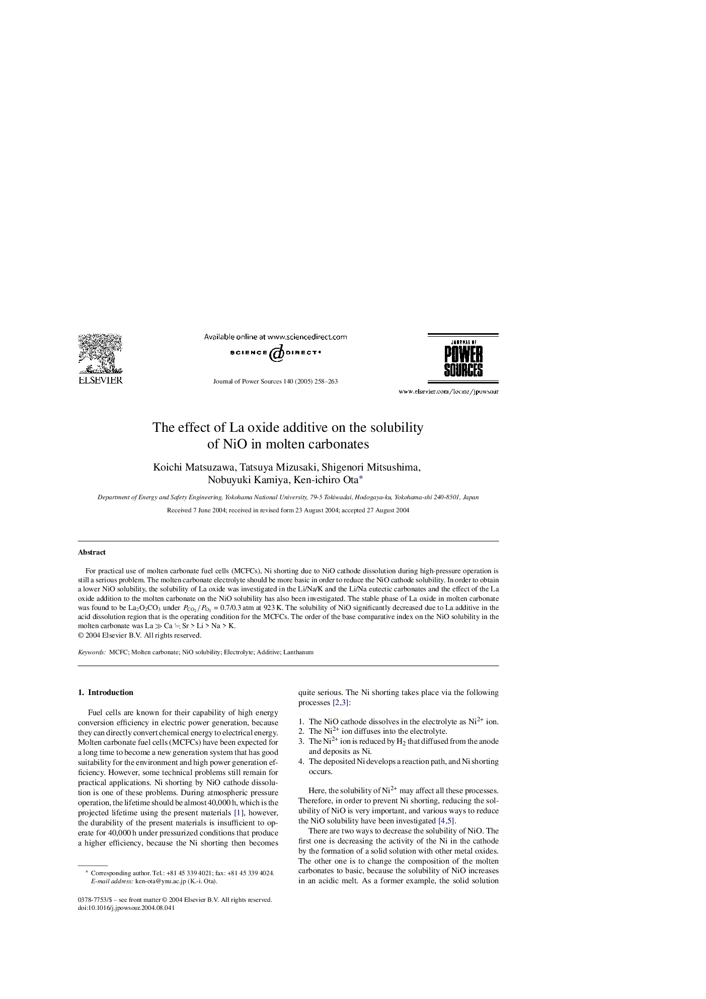 The effect of La oxide additive on the solubility of NiO in molten carbonates