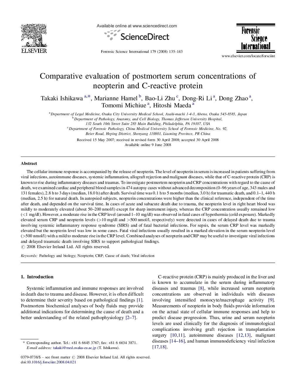 عکس صفحه اول مقاله: Comparative evaluation of postmortem serum concentrations of neopterin and C-reactive protein Comparative evaluation of postmortem serum concentrations of neopterin and C-reactive protein
