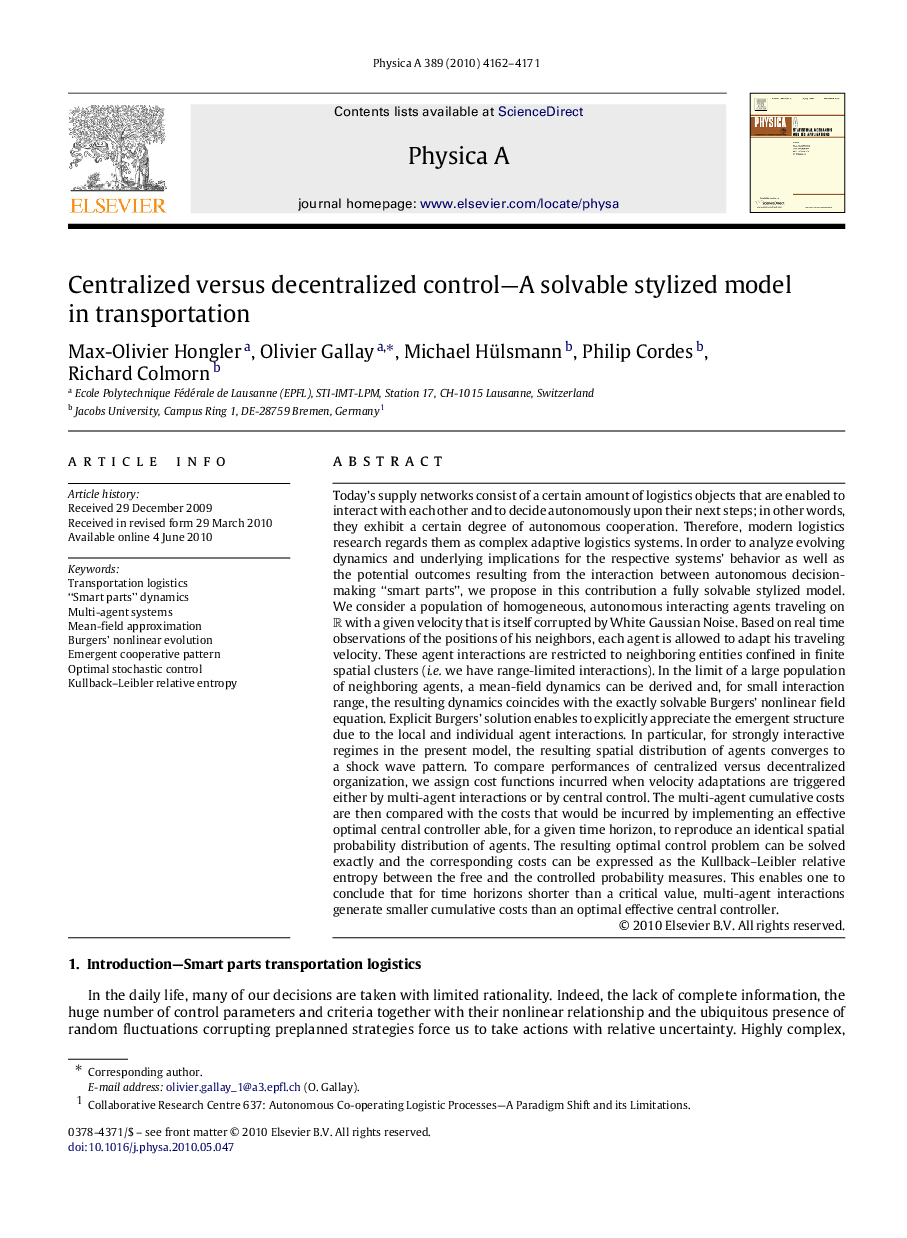 Centralized versus decentralized control—A solvable stylized model in transportation